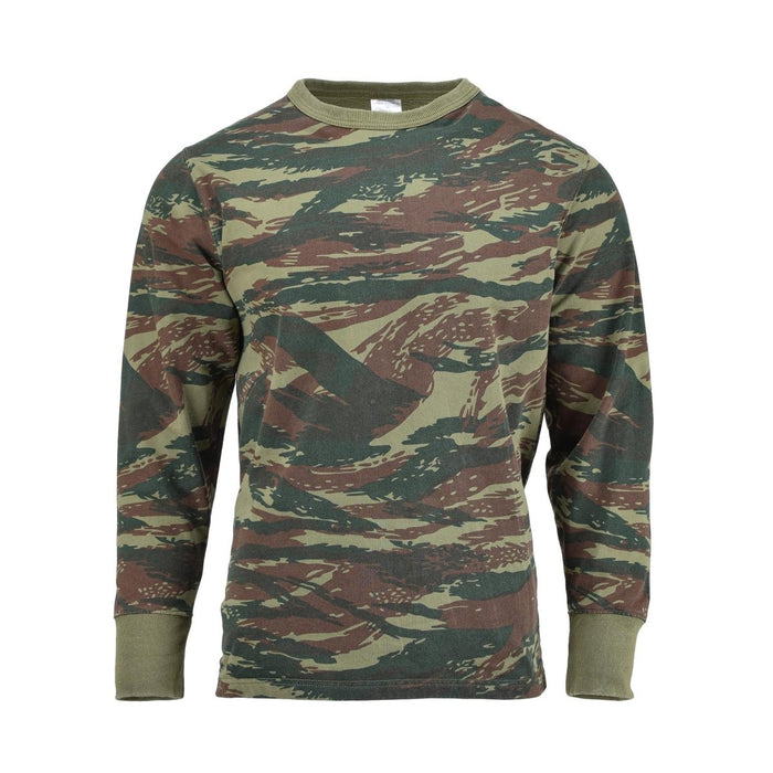 Felpa militare greca con motivo mimetico lucertola, tessuto elasticizzato, polsini elastici e girocollo per comfort e resistenza
