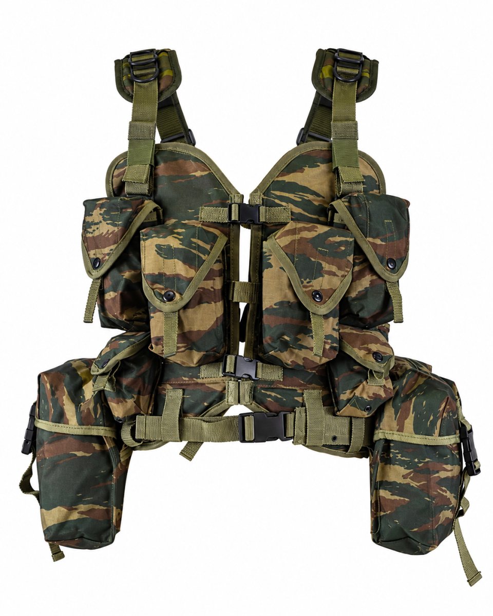Gilet tattico portante originale dell'esercito greco, 8 pezzi, mimetico lucertola