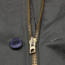 Close-up of olive green Greek military M65 field jacket zipper and button detail.