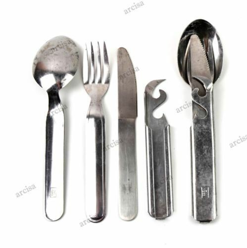 Set posate 4 pezzi originali militari ungheresi con cucchiaio, forchetta, coltello e apriscatole in acciaio inox per esterno.