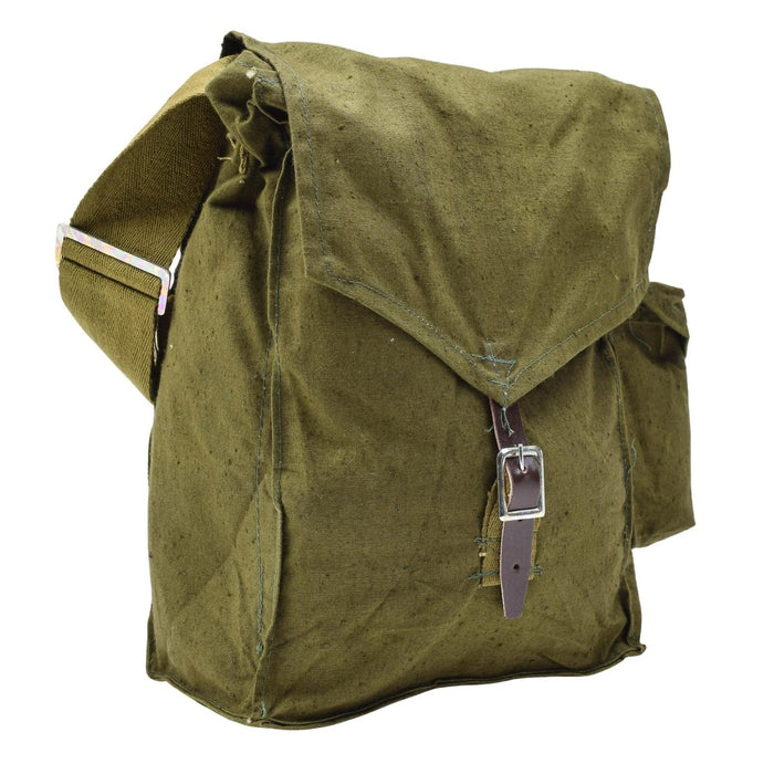 Borsa da trasporto originale militare ungherese per maschera antigas color oliva, cinturino in pelle vintage - GoMilitar