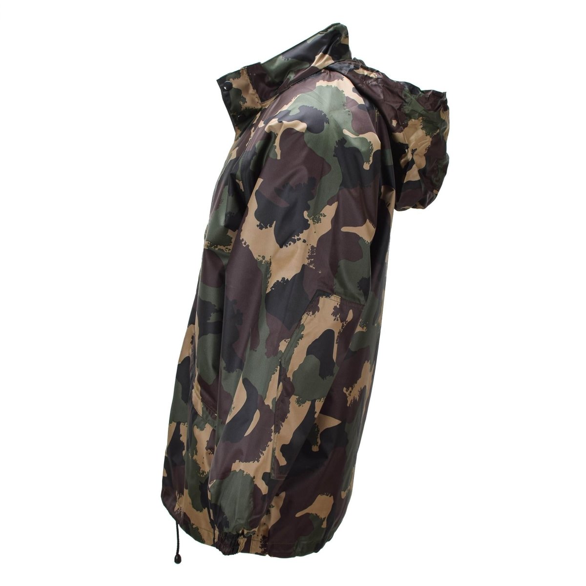 Giacca impermeabile militare originale ungherese con cappuccio arrotolabile e patta con bottoni M93 Camo