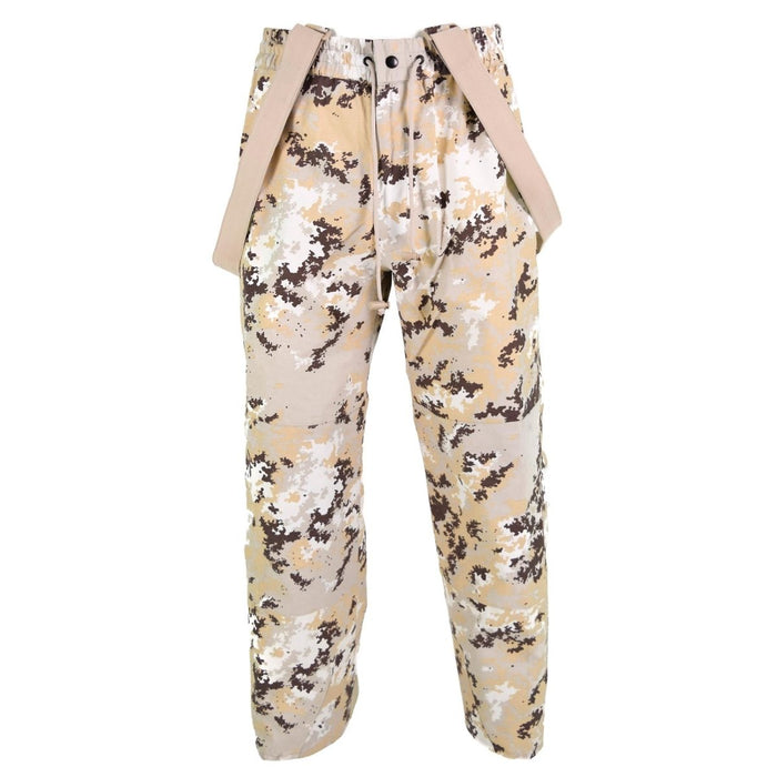 Pantaloni antipioggia con pettorina mimetica desertica originale dell'Aeronautica Militare Italiana con bretelle regolabili e resistente tessuto in poliammide.