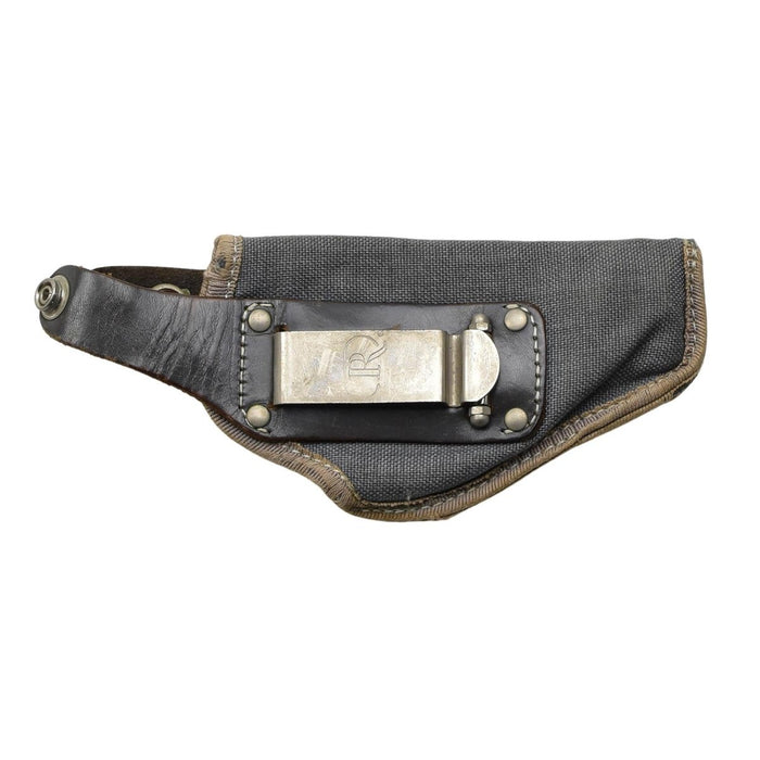 Fondina per pistola originale militare italiana in nylon grigio con chiusura con bottone a pressione e clip da cintura in metallo.