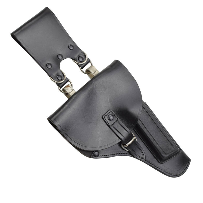 Fondina per pistola autentica militare italiana in pelle nera con chiusura con fibbia e passanti per cintura in metallo, design per destrimani.