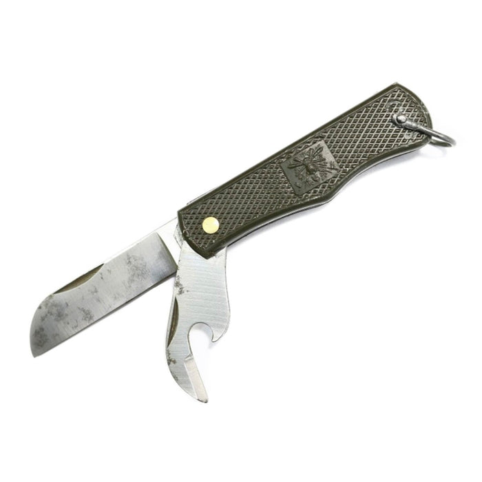 Coltello tascabile militare italiano originale con lama chiudibile e apriscatole, manico in plastica oliva, design compatto e resistente