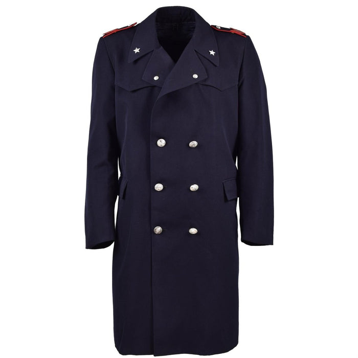 Trench vintage originale della Polizia Militare Italiana con bottoni argento e spalline rosse, cappotto lungo dei carabinieri blu navy.