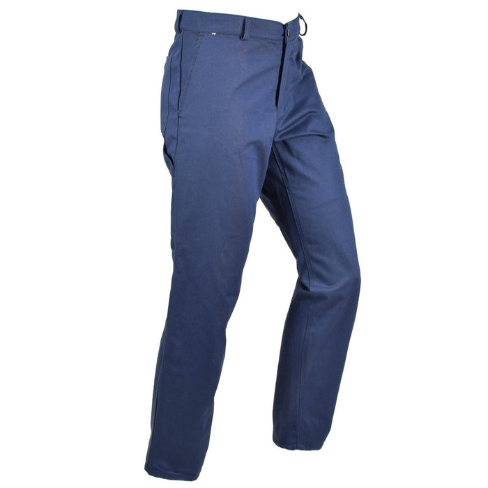 Pantaloni da lavoro militari italiani blu realizzati in cotone resistente con tasche funzionali e costruzione robusta.
