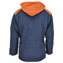 Back view of original Italian trilaminated navy parka jacket with orange hood and shoulder accents, waterproof design.
