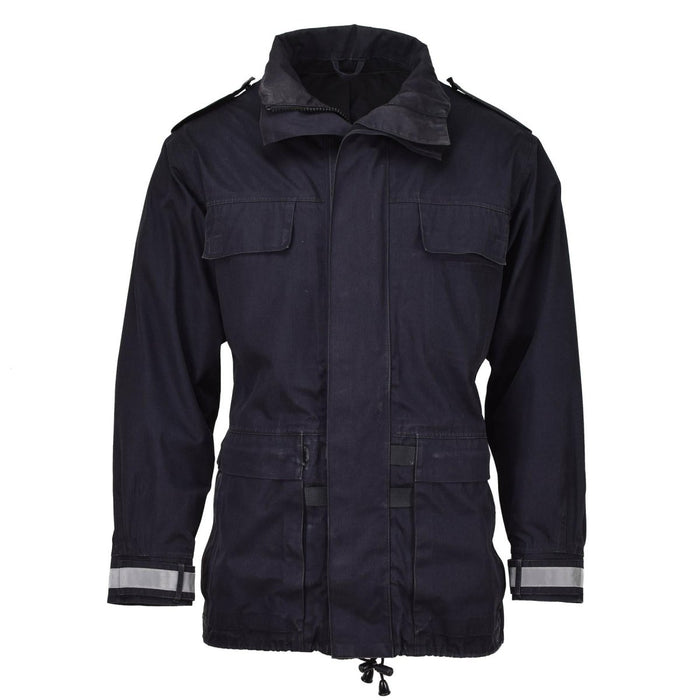 Parka impermeabile originale militare nero con polsini riflettenti e vestibilità regolabile per la protezione dal bagnato