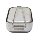 Compact stainless steel military mess tin set with handle, ideal for camping and outdoor cooking.