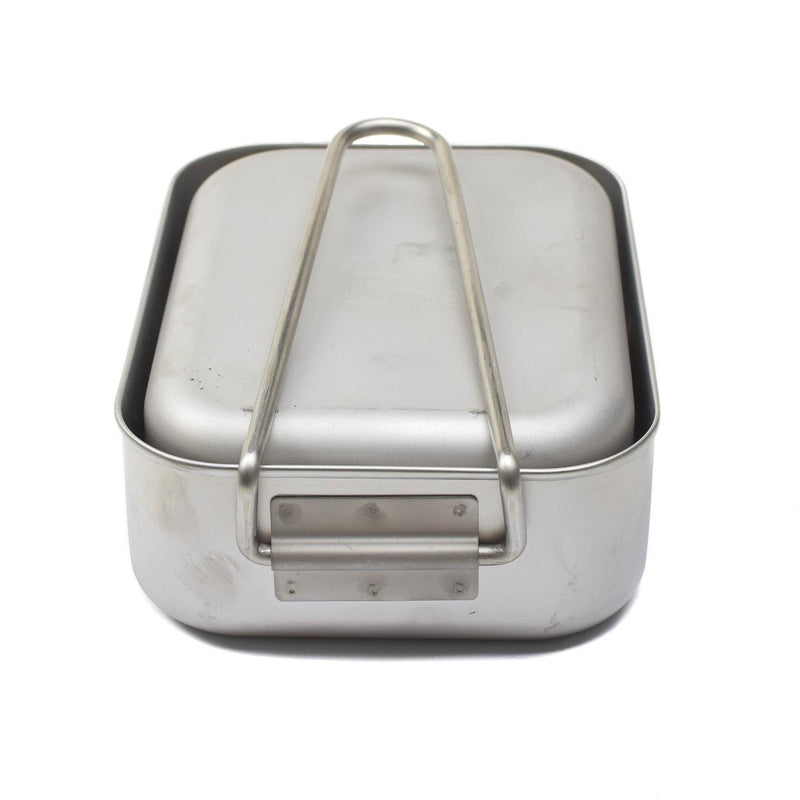 Compact stainless steel military mess tin set with handle, ideal for camping and outdoor cooking.