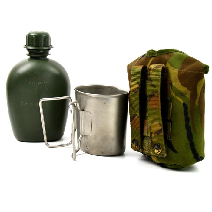 Borraccia originale dell'esercito olandese olandese con tazza in acciaio inossidabile e copertura mimetica per uso esterno e idratazione