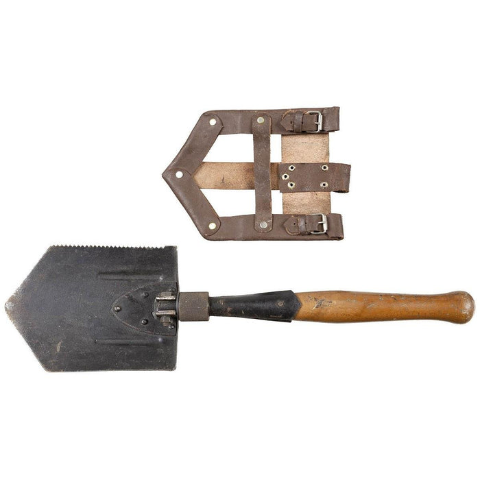 Pala seghettata pieghevole originale dell'esercito rumeno con manico in legno e fodero in pelle per compiti di sopravvivenza all'aperto