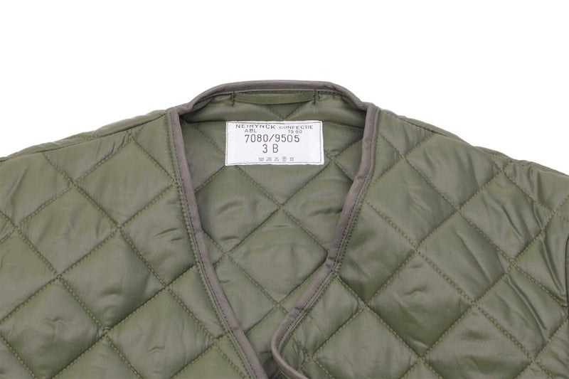 Olive green quilted Swedish army parka liner with diamond stitching and label inside collar for warmth and insulation