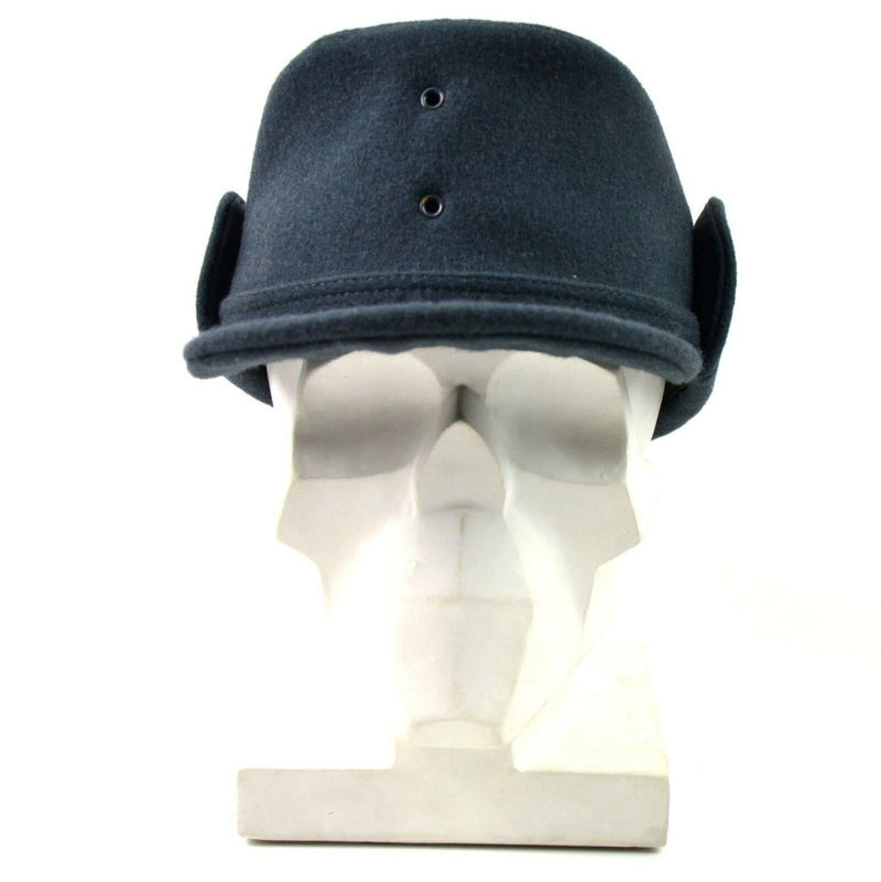 Original Swedish army wool winter hat in blue with ear flaps, warm and durable for cold weather use.