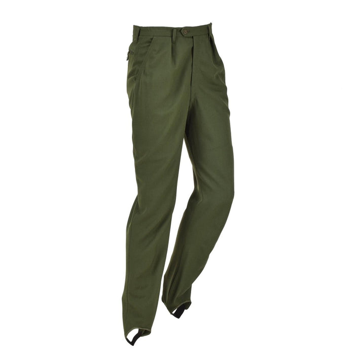 Pantaloni formali verde militare originali svedesi con design a pieghe sul davanti e staffa per resistenza e stile.
