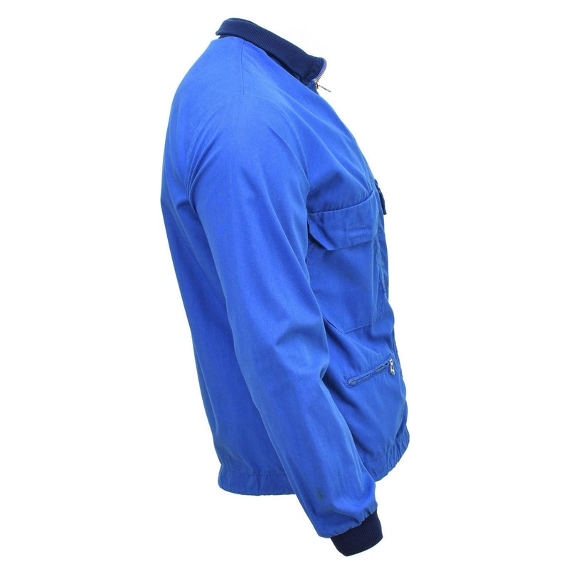 Side view of original Swedish military vintage blue sports jacket with zipper and ribbed cuffs and hem