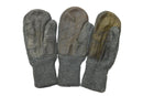 Original Swiss army gray wool mittens with durable leather palms for warmth and grip in cold weather conditions.