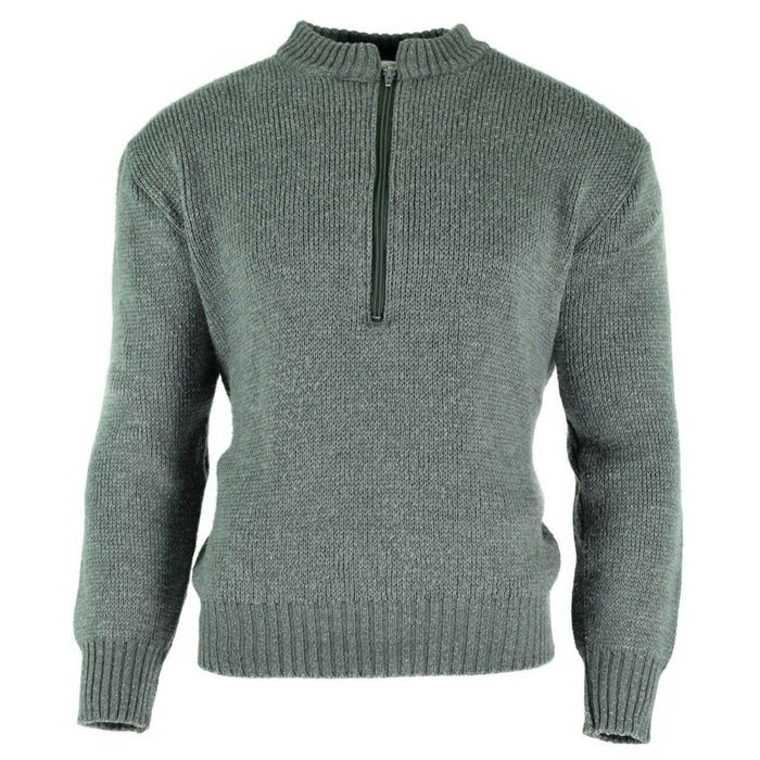 Maglione originale dell'esercito svizzero M74 in lana vergine grigia con zip a un quarto, polsini elastici e cintura per calore e resistenza