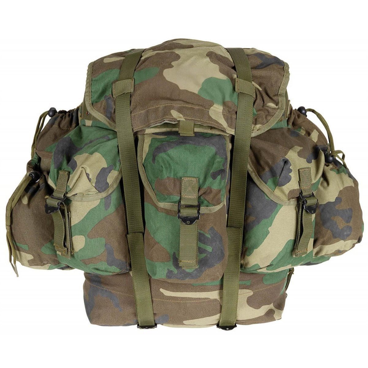 Zaino originale dell'esercito turco da 40 litri, tasche frontali, tessuto Cordura Woodland Camo