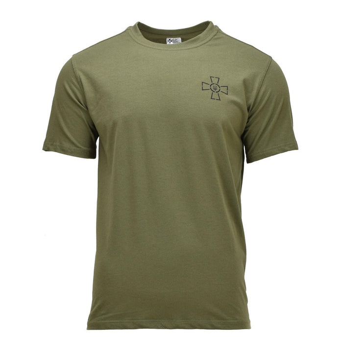T-shirt militare a maniche corte verde oliva con stemma Tryzub delle forze armate ucraine sul petto, tessuto misto cotone traspirante