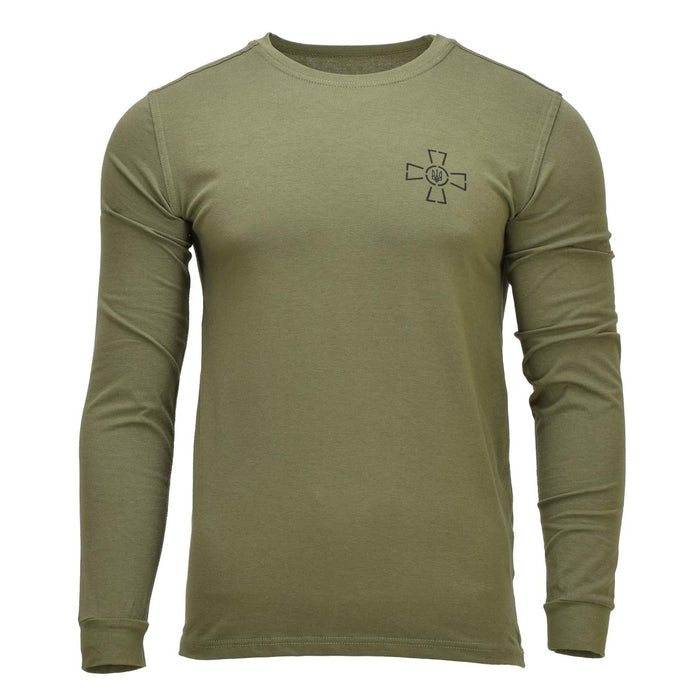 Maglietta intima militare ucraina originale a maniche lunghe in verde oliva con stemma Tryzub sul petto, vestibilità resistente e confortevole