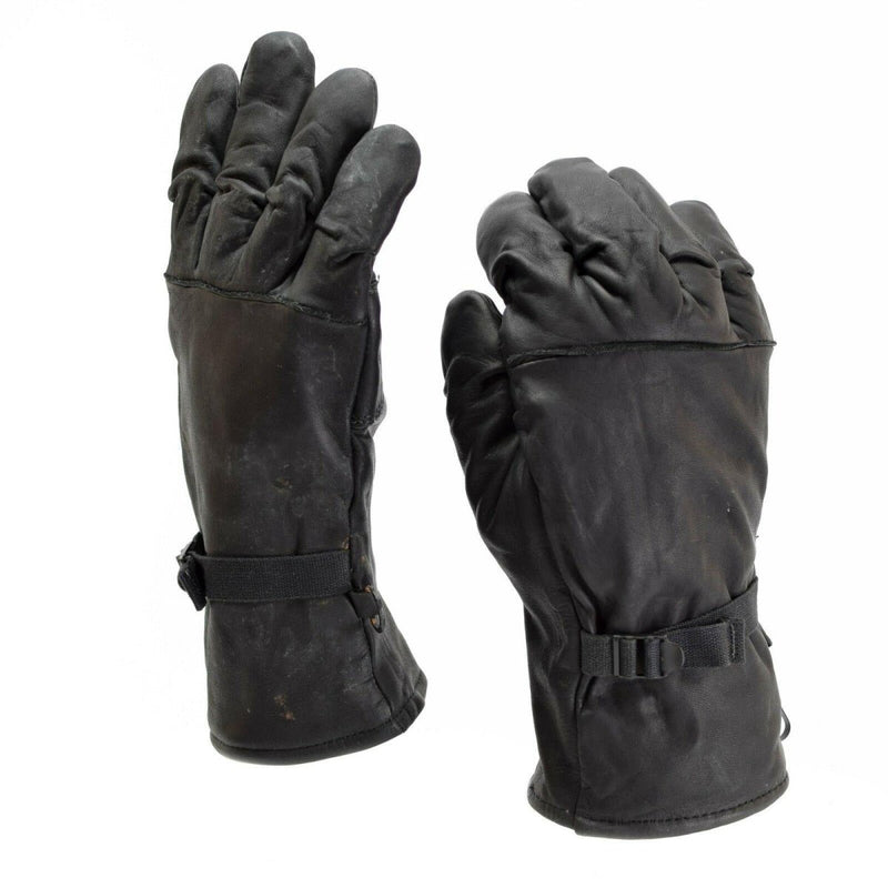 Pair of genuine black leather US Army combat gloves with insulation and adjustable wrist straps for durability and comfort
