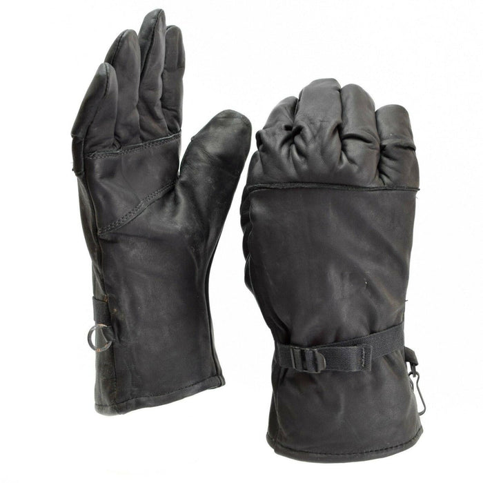 Guanti da combattimento originali dell'esercito americano realizzati in vera pelle nera con fodera isolante e cinturini da polso sicuri.