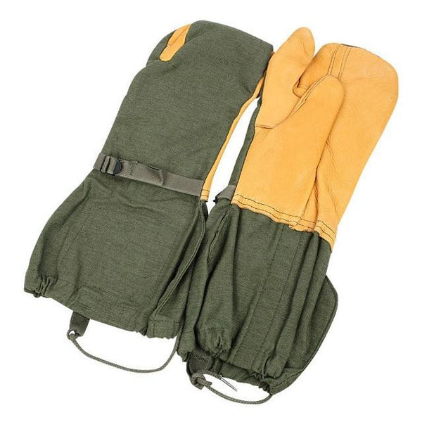 Original U.S. Army extreme cold weather mittens with trigger finger design and leather-reinforced palm in military green.