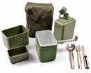 Original Yugoslavian military mess kit with canteen, pot, bowl, cup, spoon, fork, knife, and carrying pouch.