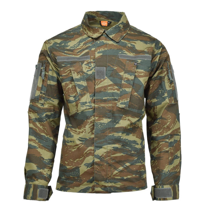Giacca militare Pentagon ACU 2.0 dell'Esercito Greco in mimetica lucertola, tessuto ripstop resistente all'acqua con gomiti rinforzati e polsini regolabili