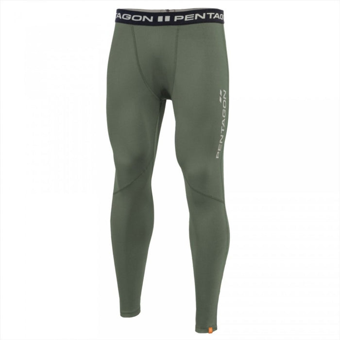 Leggings termici lunghi Pentagon Apollo in verde oliva, strato base in poliestere ad asciugatura rapida per uso outdoor e tattico