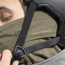 Close-up of person wearing olive green PENTAGON Kryptis tactical balaclava under a black helmet strap.
