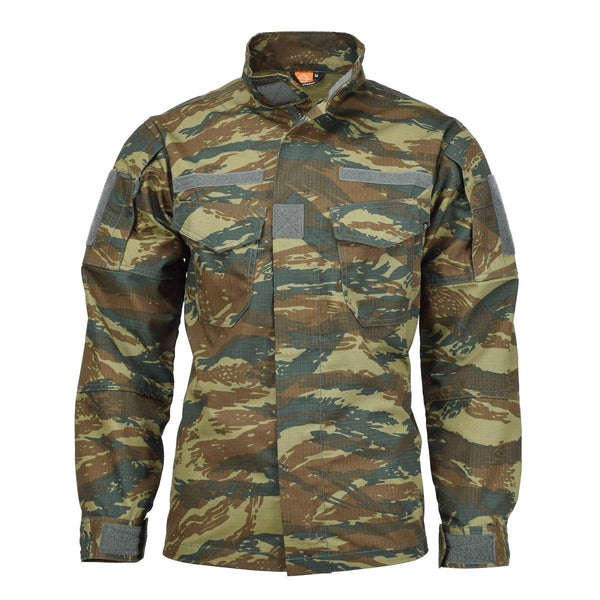 Pentagon Lycos military jacket in Greek army lizard camo, water-repellent, durable ripstop fabric, tactical design.