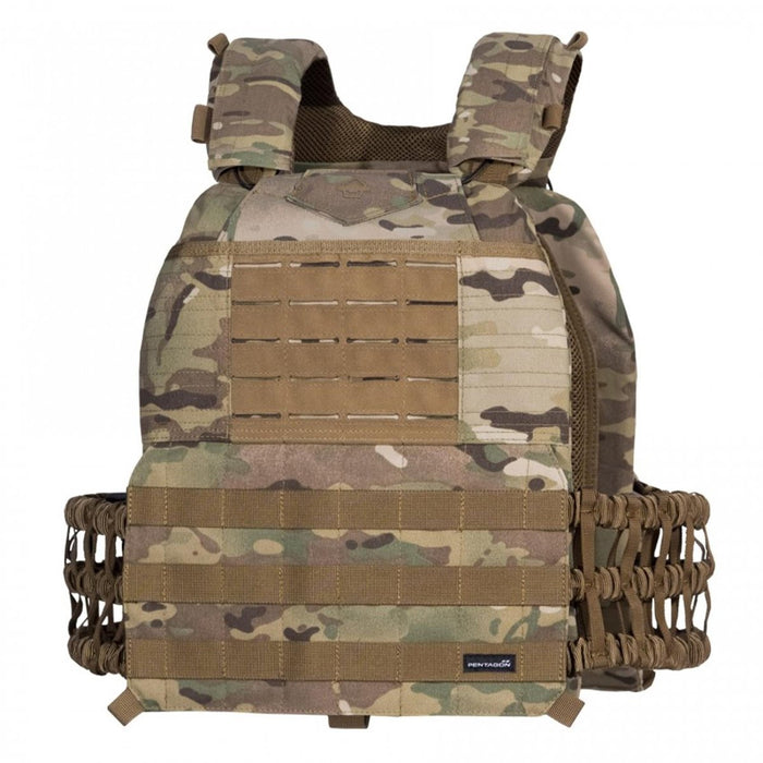 Gilet balistico tattico Pentagon Milon Plate Carrier Mk2 in Multicam con sistema MOLLE e cinghie regolabili.