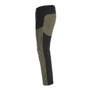 Side view of Pentagon Renegade Savanna tactical pants in black and olive, featuring reinforced panels and multiple pockets.