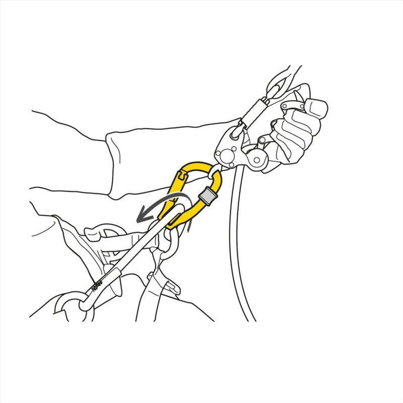 Illustration of a hand using a climbing device with a yellow carabiner on a white background