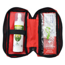 Open first aid kit with Biovectrol spray and alcohol pad on a white background