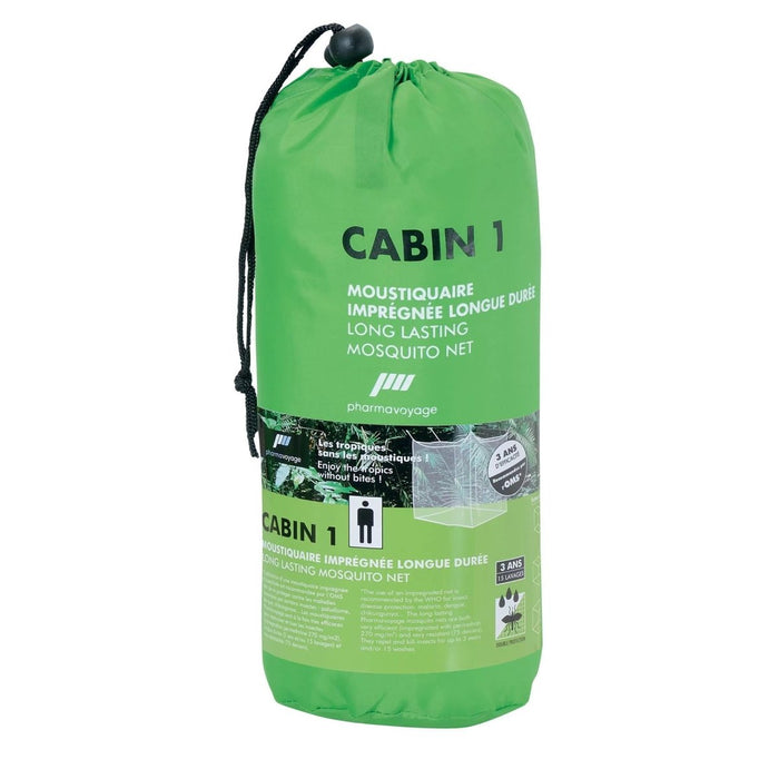 Confezione con zanzariera verde con marchio "Cabin 1" su sfondo bianco