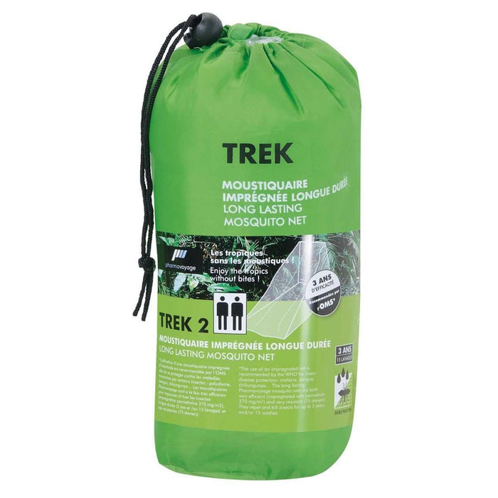 Confezione in zanzariera verde con marchio "Trek" su sfondo bianco