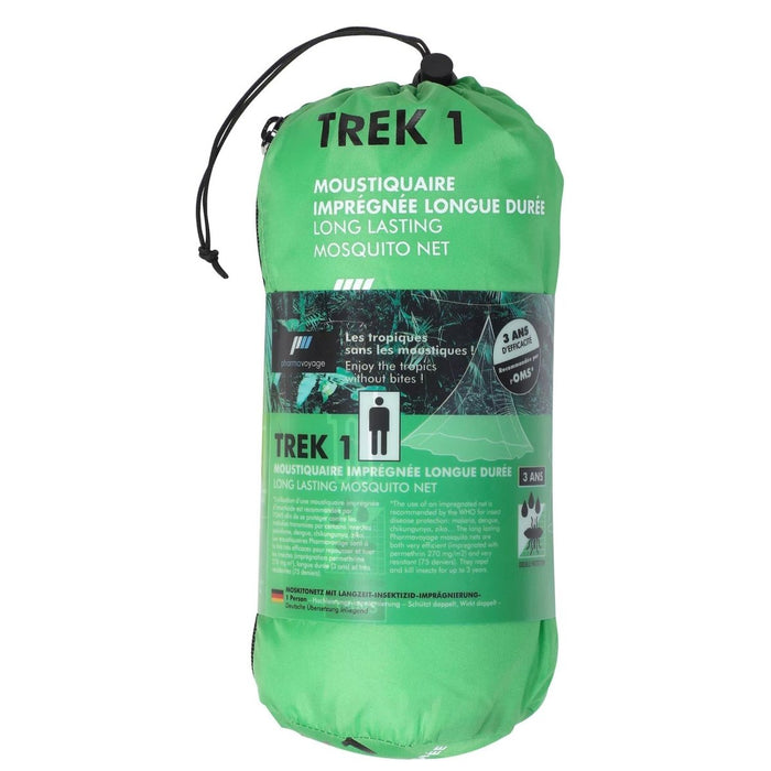 Confezione in zanzariera verde con il marchio "Trek 1" su sfondo bianco