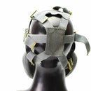 Back view of Polish Military MP-4 gas mask with adjustable grey olive straps on black mannequin head.