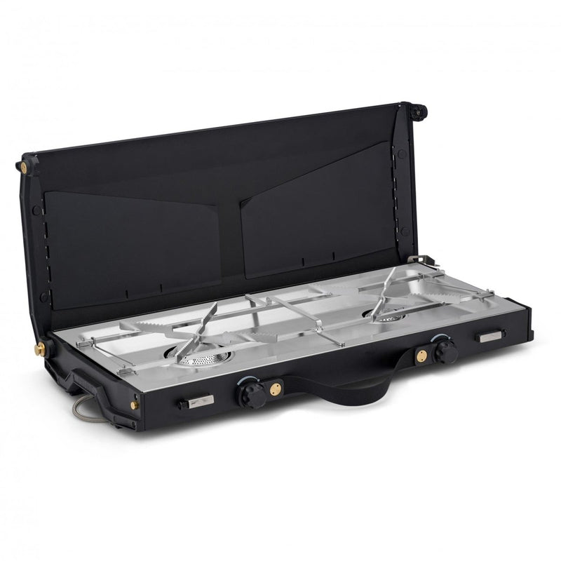 Portable Primus Alika dual burner outdoor camping stove with windscreen and stainless steel surface