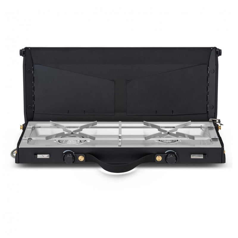 Primus Alika portable dual burner outdoor stove with windscreen and high output for camping cooking.