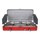 Primus Atle II portable dual burner camping stove with windshields and easy propane connection for outdoor cooking.