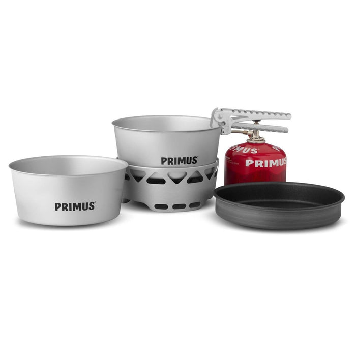 Set fornello Primus Essential con pentola da 2,3 litri, padella e tanica di carburante rossa per l'escursionismo e il campeggio per cucinare all'aperto