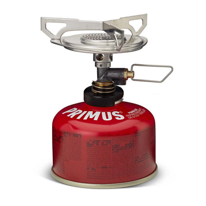 Fornello da campeggio compatto Primus Essential Trail DUO con tanica di carburante per cucinare e bollire rapidamente all'aperto.
