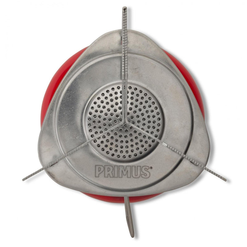 Top view of the Primus Essential Trail DUO camping stove showing the metal tripod stand and burner head.