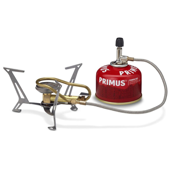 Fornello da campeggio leggero Primus Express Spider II con treppiede e bombola di gas rossa per cucinare all'aperto ed escursioni